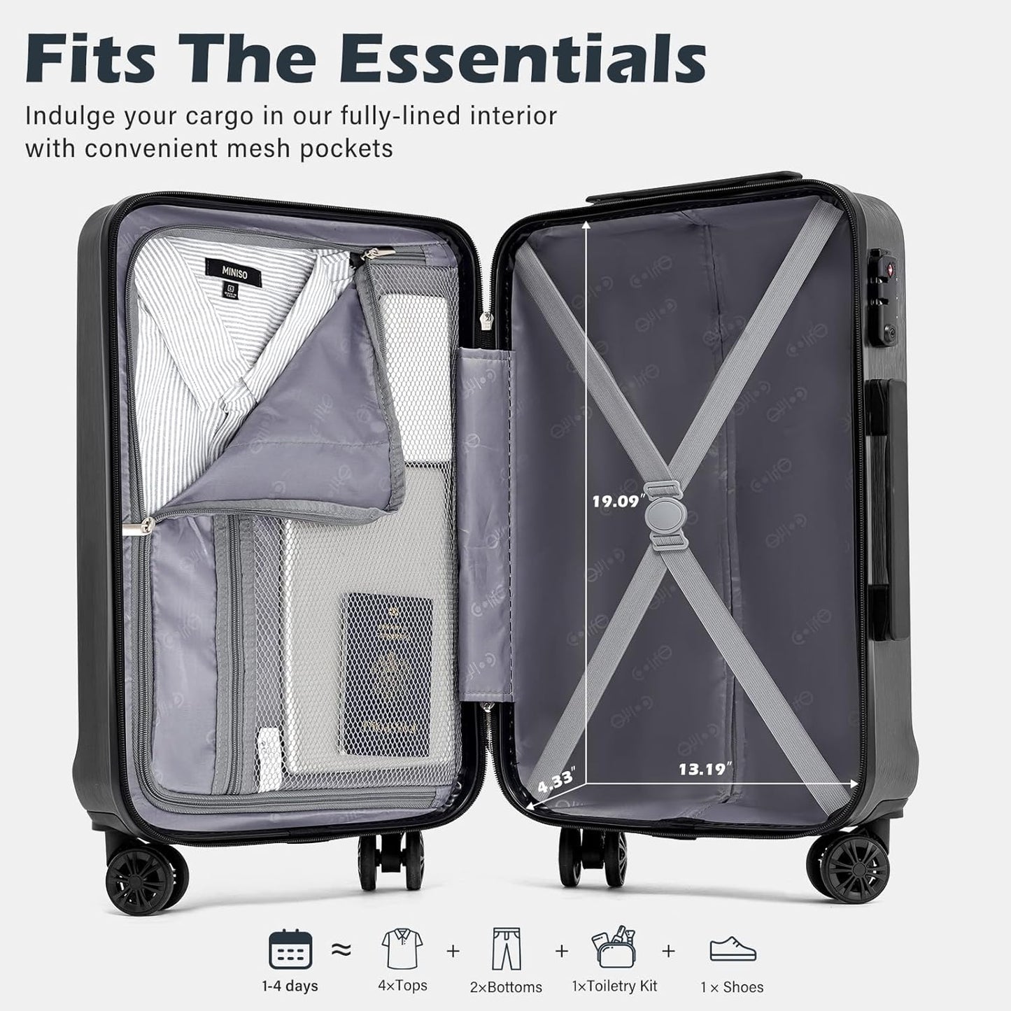 Coolife Luggage Suitcase PC+ABS with TSA Lock Spinner Carry on Hardshell Lightweight 20in 24in 28in (grey, S(20in))