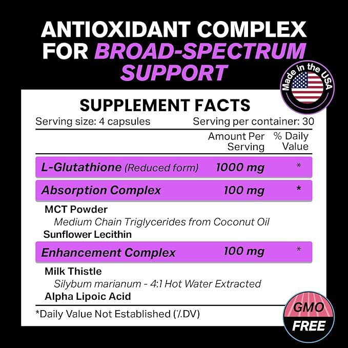 1000mg Glutathione for Immune Support - 100mg Absorption Complex - Reduced Liposomal Glutathione Supplement with Alpha Lipoic Acid - Brain Booster, Glowing Skin, Liver Support