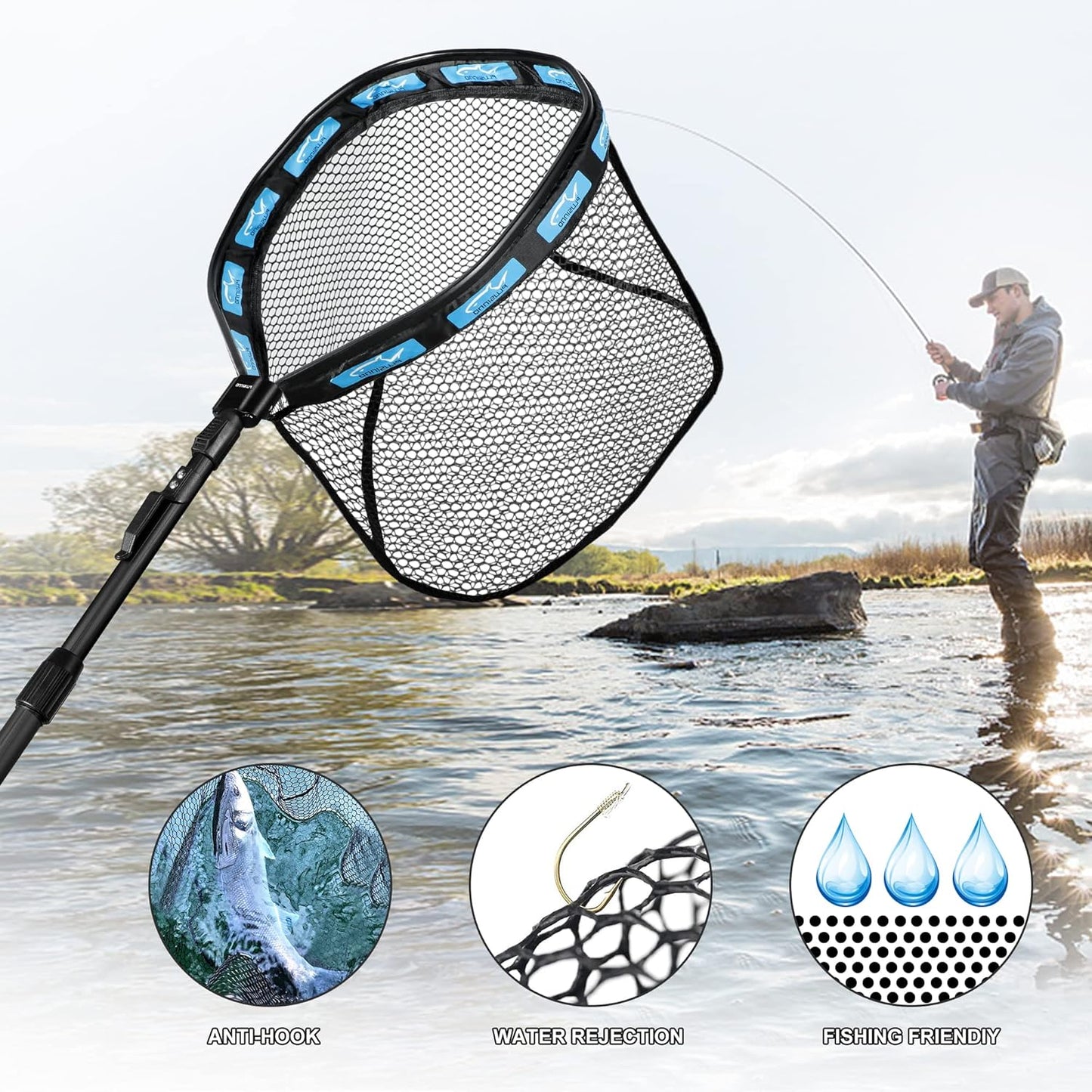 PLUSINNO Floating Fishing Net for Steelhead, Salmon, Fly, Kayak, Bass, Trout Fishing, Catfish, Rubber Coated Landing Net for Easy Catch & Release for Easy Transportation & Storage