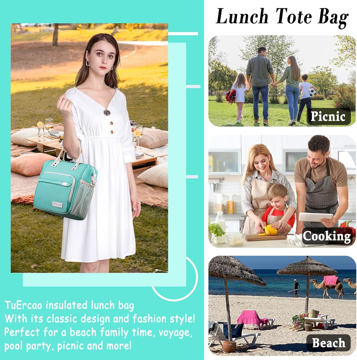 Preppy Lunch Box for Women Aesthetic Insulated Lunch Bag for Young Ladies Female, Teal