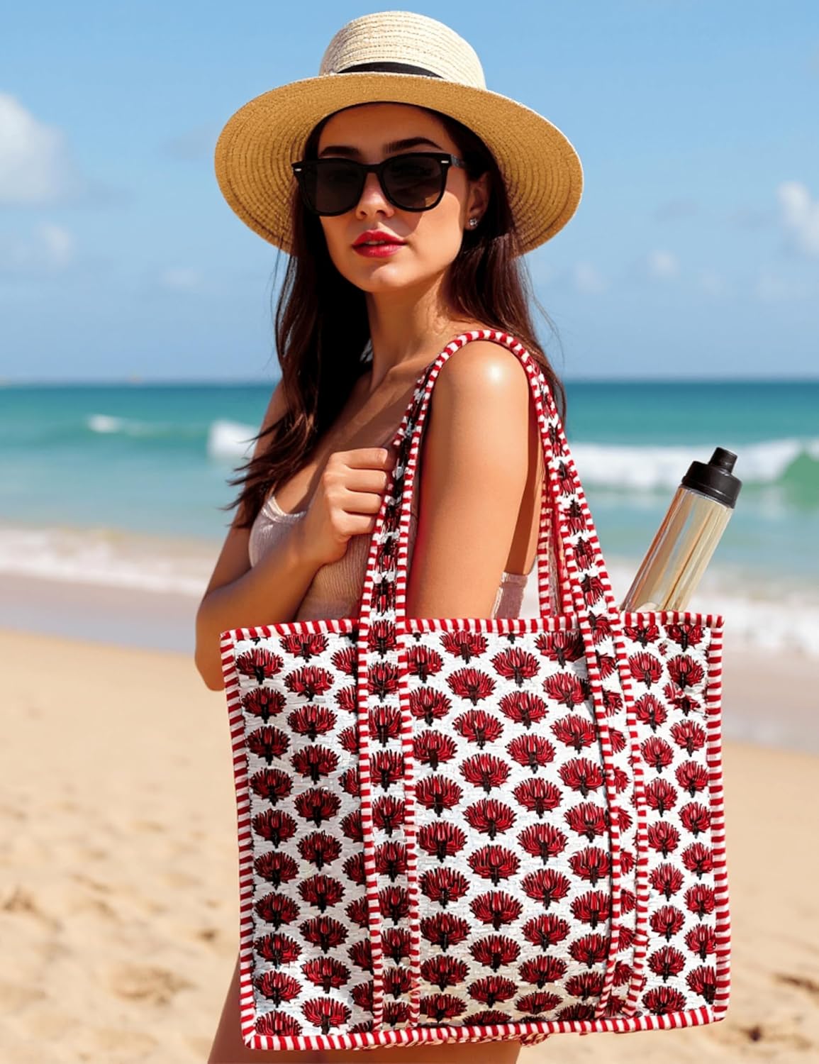 Cotton Quilted Tote Bag for Women – Large Beach & Travel Tote with Zipper, Reusable Grocery Bag