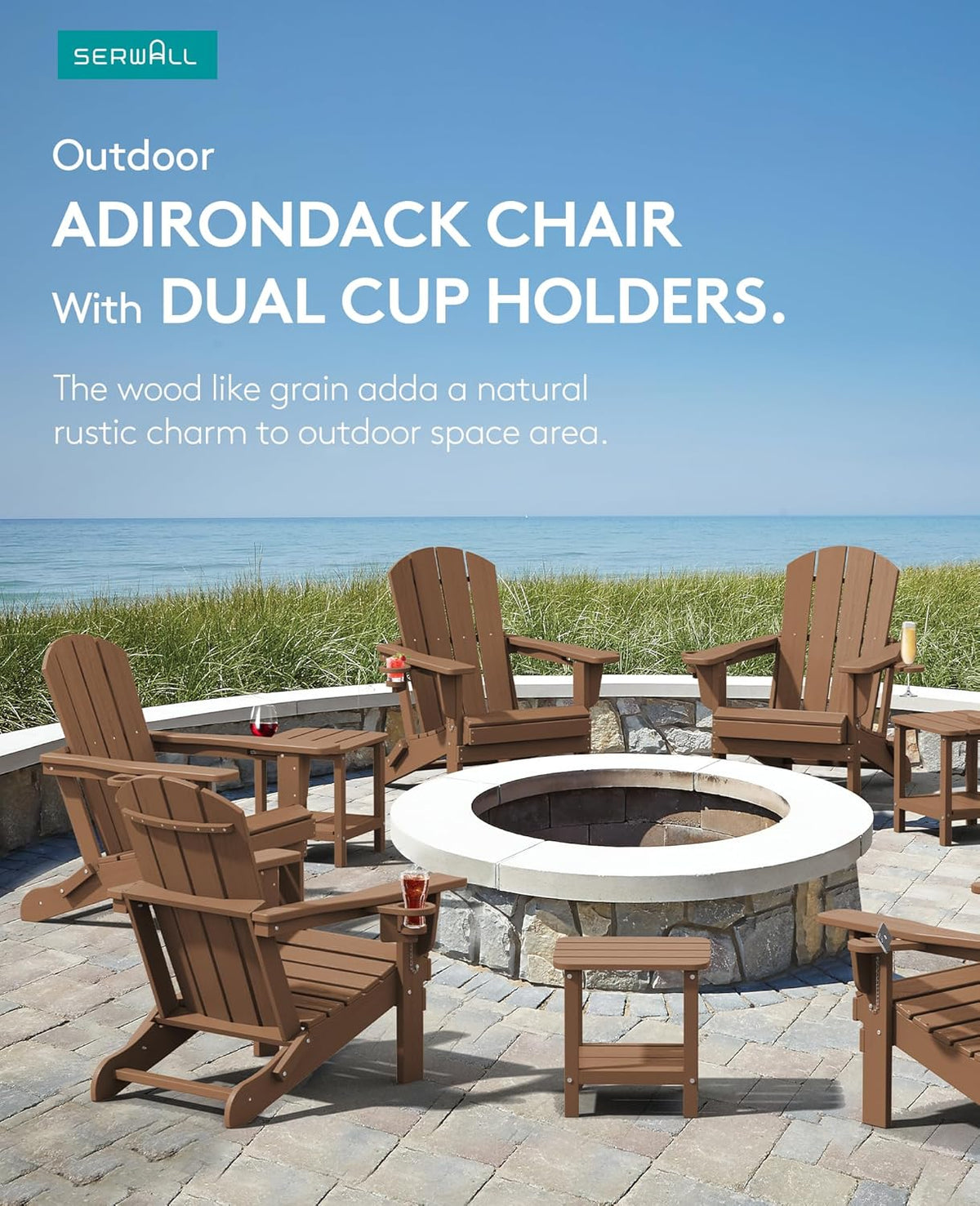 SERWALL Adirondack Chair with Cup Holders - Composite Adirondack Chairs Set of 2 HDPE Outdoor Chairs All Weather Use- Brown