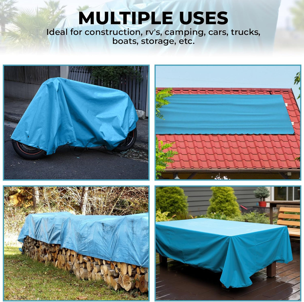 Tarps Heavy Duty Waterproof 20x40-12 mil Thick Camping Tent - Blue Tarp 20x40 UV Resistant, Rip & Tear Proof with Metal Grommets โ Multipurpose Use for Camping, Tent, Boat, RV, Car, & Pool Cover