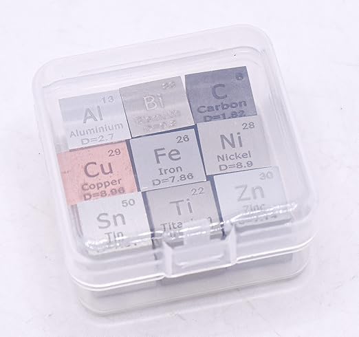 0.39" 10mm 9 Pack Element Cube Set Engraved Density Up to 99.99% Pure Metal Cubes Periodic Table Science Education Collection - Aluminium Bismuth Carbon Copper Iron Nickel Zinc Titanium Tin