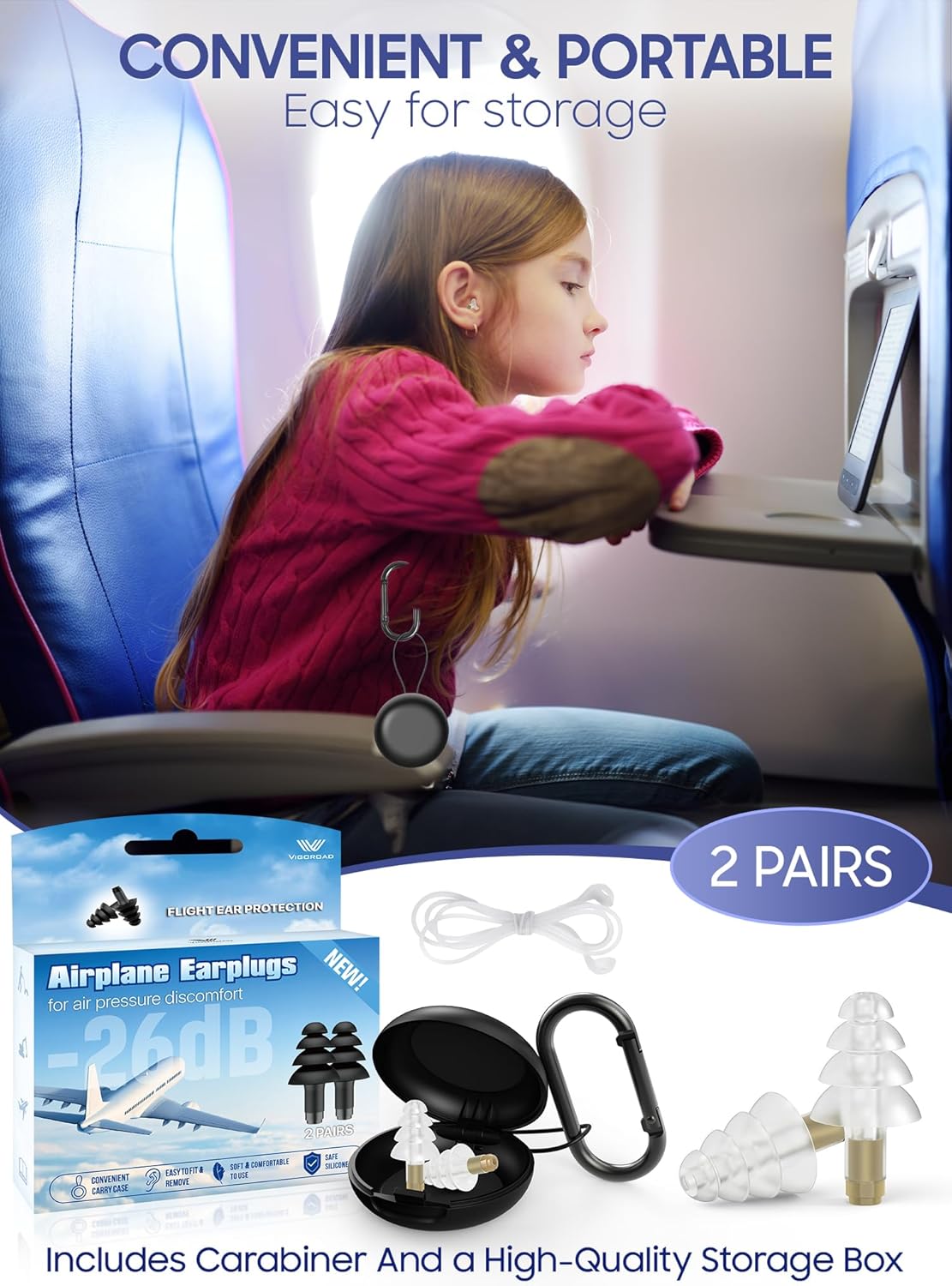 Ear Plugs for Airplane Pressure Relief, 2 Pairs Kids 6+, Adults/Small Canal Reusable Airplane Earplugs 26dB, with Silicone Connector Cord, Travel Essentials for Flying, Ear Protection Earplugs
