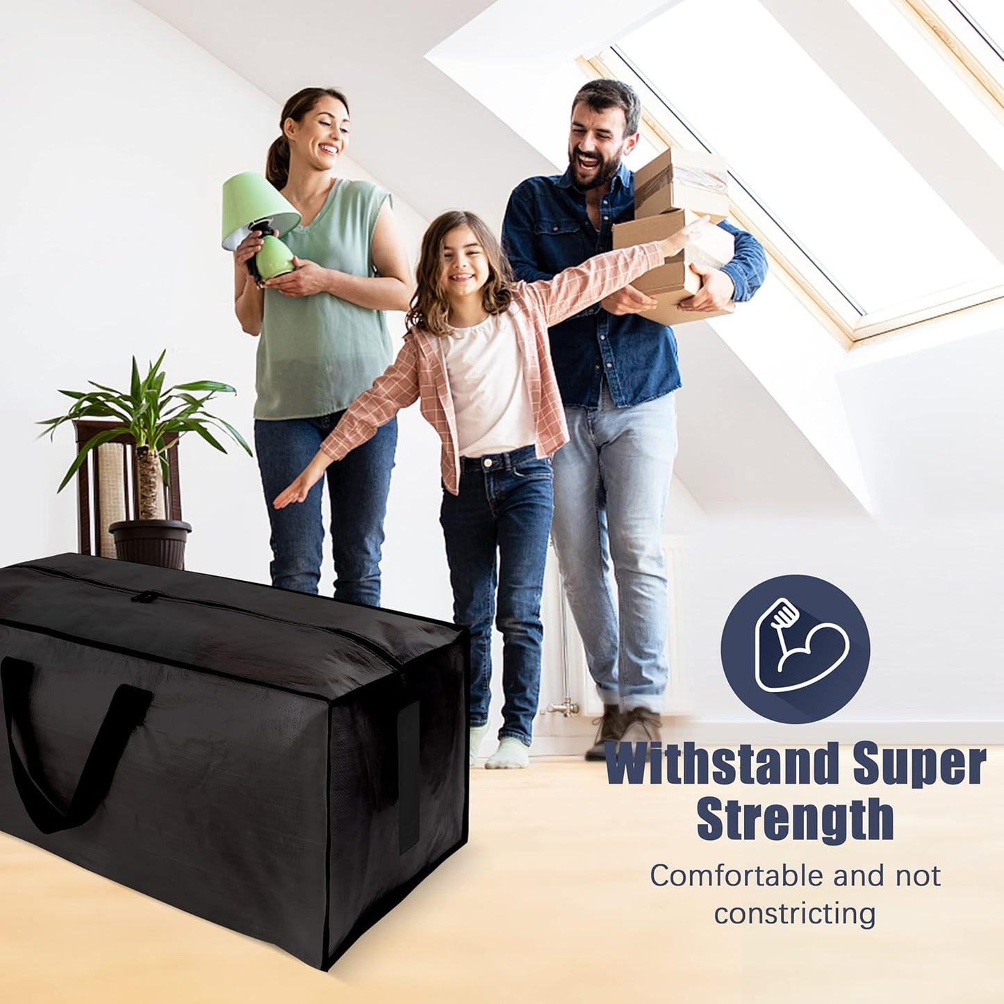 8 Pack Large Strong Bags with Zippers & Carrying Handles - Water-Resistant - Heavy Duty Storage Tote for Space Saving, Fold Flat, Alternative to Moving Box (Black)