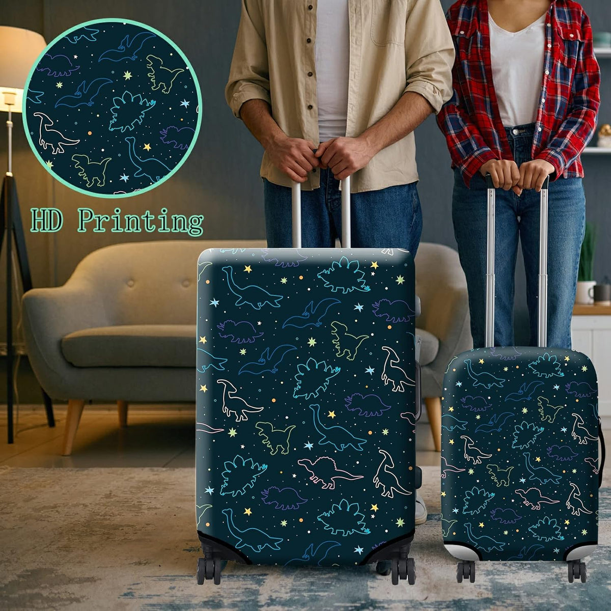 Luggage Cover Suitcase Protector Plus 1 Tag, Dinosaurs Space Travel Suitcase Cover for 18-20 inch Luggage (S) with Concealed Zipper Washable Elastic Cloth Dustproof Anti-Scratch