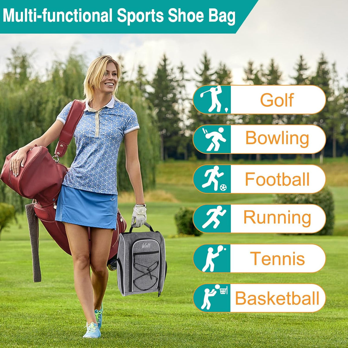 Wolt Golf Shoe Bag - Sports & Travel Shoes Carrier Bags with Ventilation & Double Outside Accessory Pocket for Socks, Tees, Golf Balls, etc. for women and men (Grey)