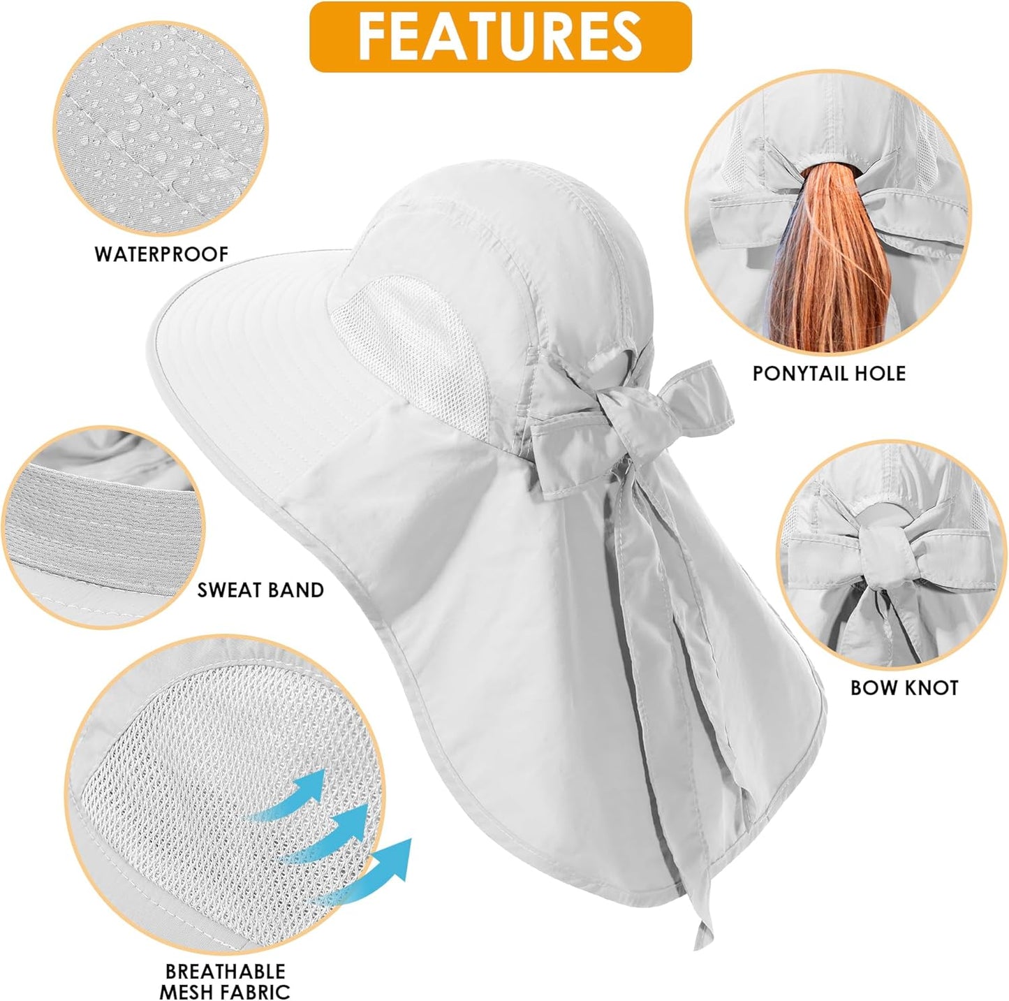 Womens Sun Hat UV Protection, Foldable Waterproof Wide Brim Bucket Hats with Neck Flap for Summer Beach Fishing Hiking