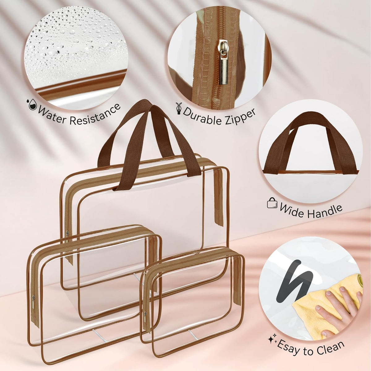TISRATOK 10 PCS Clear Travel Makeup Toiletry Bag, Plastic PVC Cosmetic TSA Approved Organizer Kit with Zipper Handbag(Coffee)