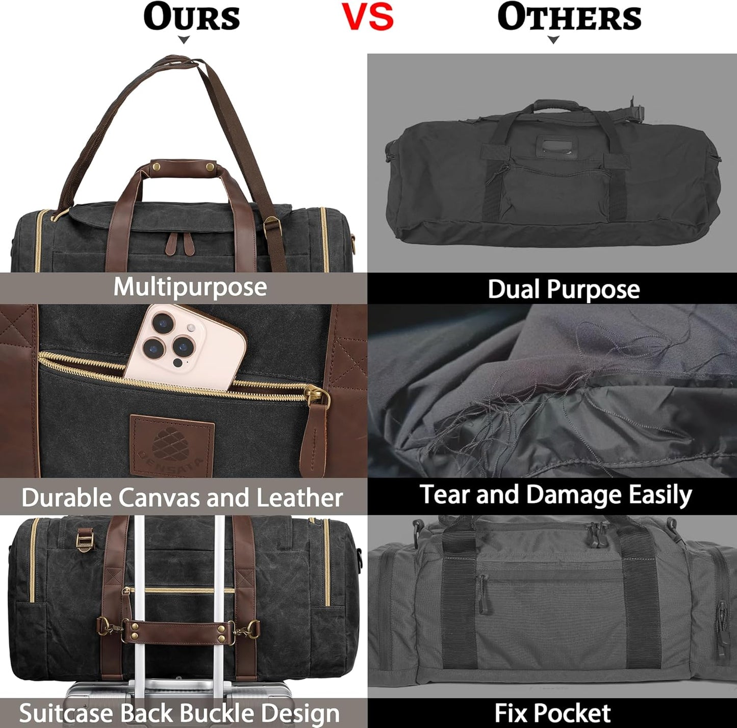 60L Duffle Bag for Men, Nomad Waxed Canvas Travel Duffel Bag Vintage Genuine Leather Travel Handbag Upgraded Weekender Overnight Backpack with Shoes Compartment (Vintage Black, X Large-60L)