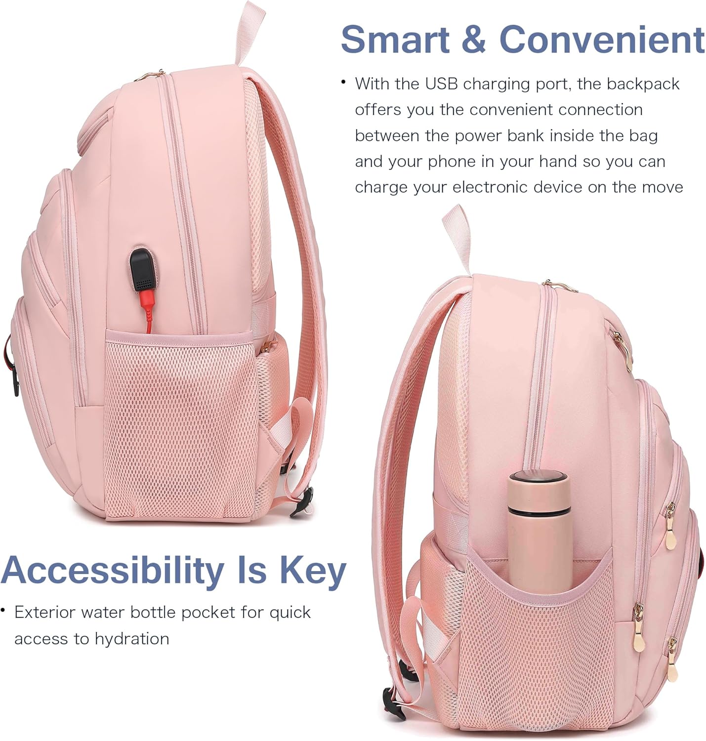 Boavan Laptop Backpack for women, 15.6 inch Laptop Bag with USB Port, Waterproof Travel Work Backpack Purse, Anti-Theft Teacher Nurse Doctor Casual Bookbags Office Business backpack,Pink