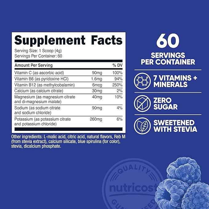 Nutricost Electrolyte Complex Powder (60 Servings, Blue Raspberry) - Hydration Supplement Drink Mix with Vitamins and Minerals