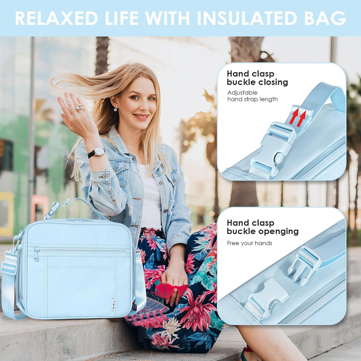 NOL Kids Lunch Bag - Kids 3+ Reusable Insulated Lunch Box with Zipper Closure Buckle Handle Adjustable Long Shoulder Strap, Easy-Clean Waterproof Fabric, Children Lunch Tote Bag for School -Light blue