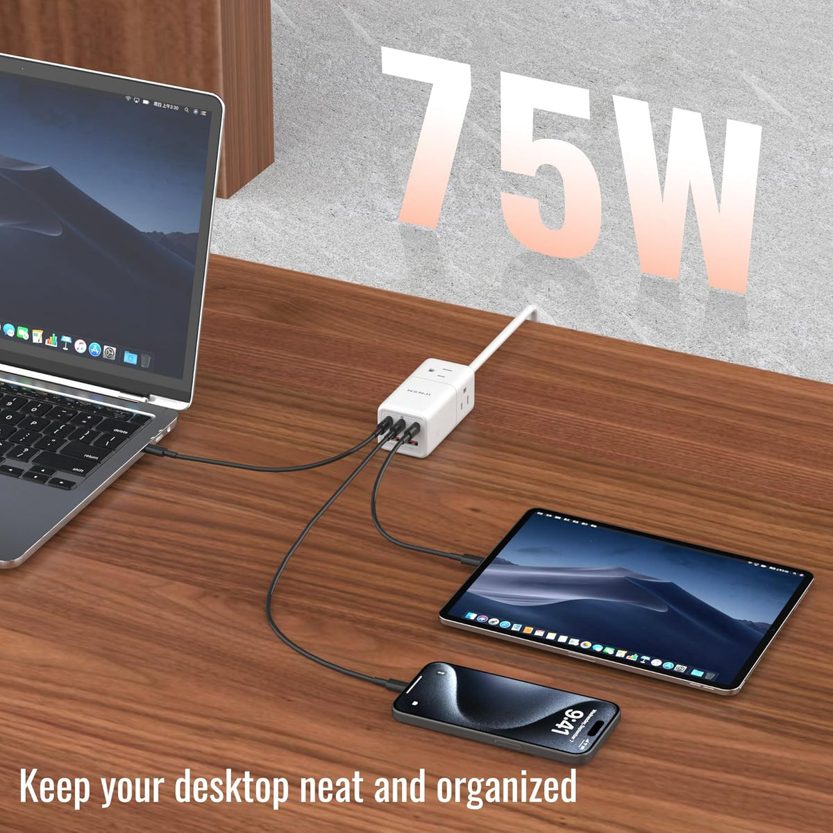 NENJI 75W GaN USB-C Super Fast Charging Station, 8-in-1 Power Strip with 5 USB & 3 AC Ports, Smart Charging, Fast PD Charger for iPhone, Samsung, iPad, MacBook β Desktop & Travel-Friendly β White