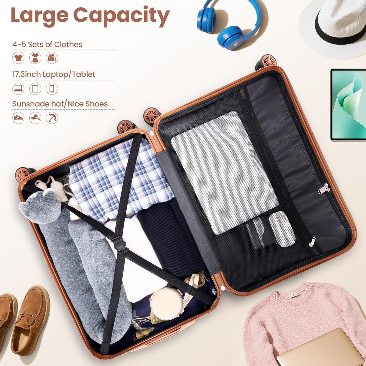 Hoteel 6 Piece Luggage Set (4-YEAR WARRANTY) Carry on ABS+PC Hard Shell Suitcase with Spinner Wheels & TSA Lock (Beige)