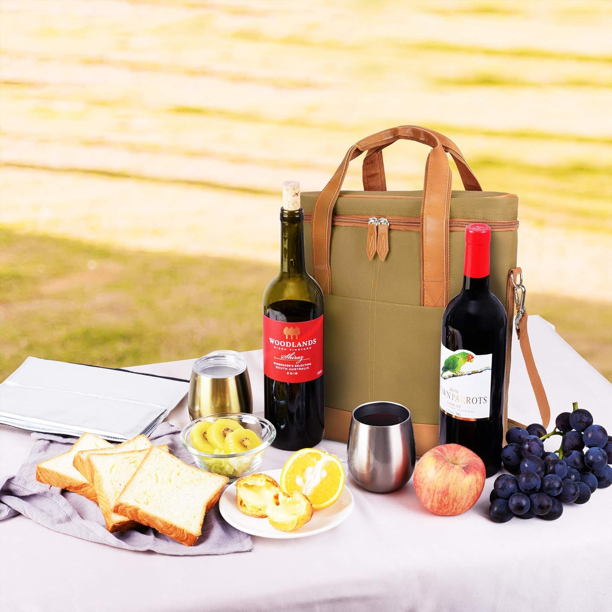 Tirrinia Insulated Wine Gift carrier - 3 Bottle Travel Padded Wine Carry Cooler Tote Bag with Handle and Adjustable Shoulder Strap, Khaki