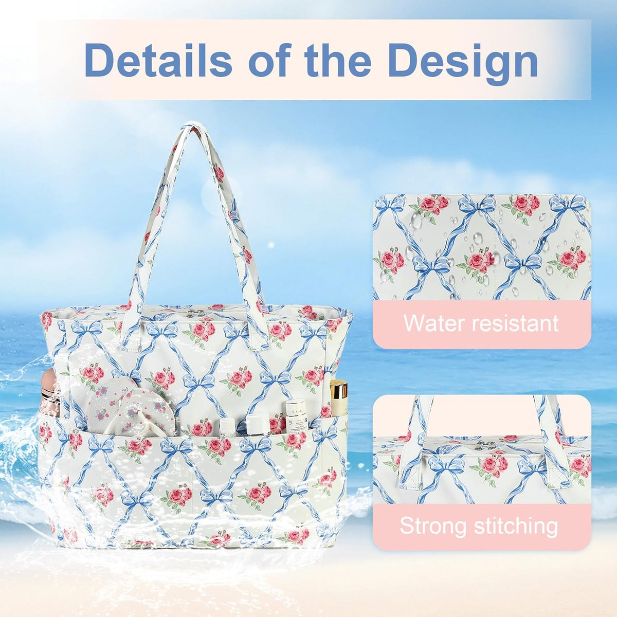 LEDAOU Beach Bag Waterproof Sandproof Women Tote Bag Pool Bag with Zipper for Gym Grocery Travel with Wet Pocket