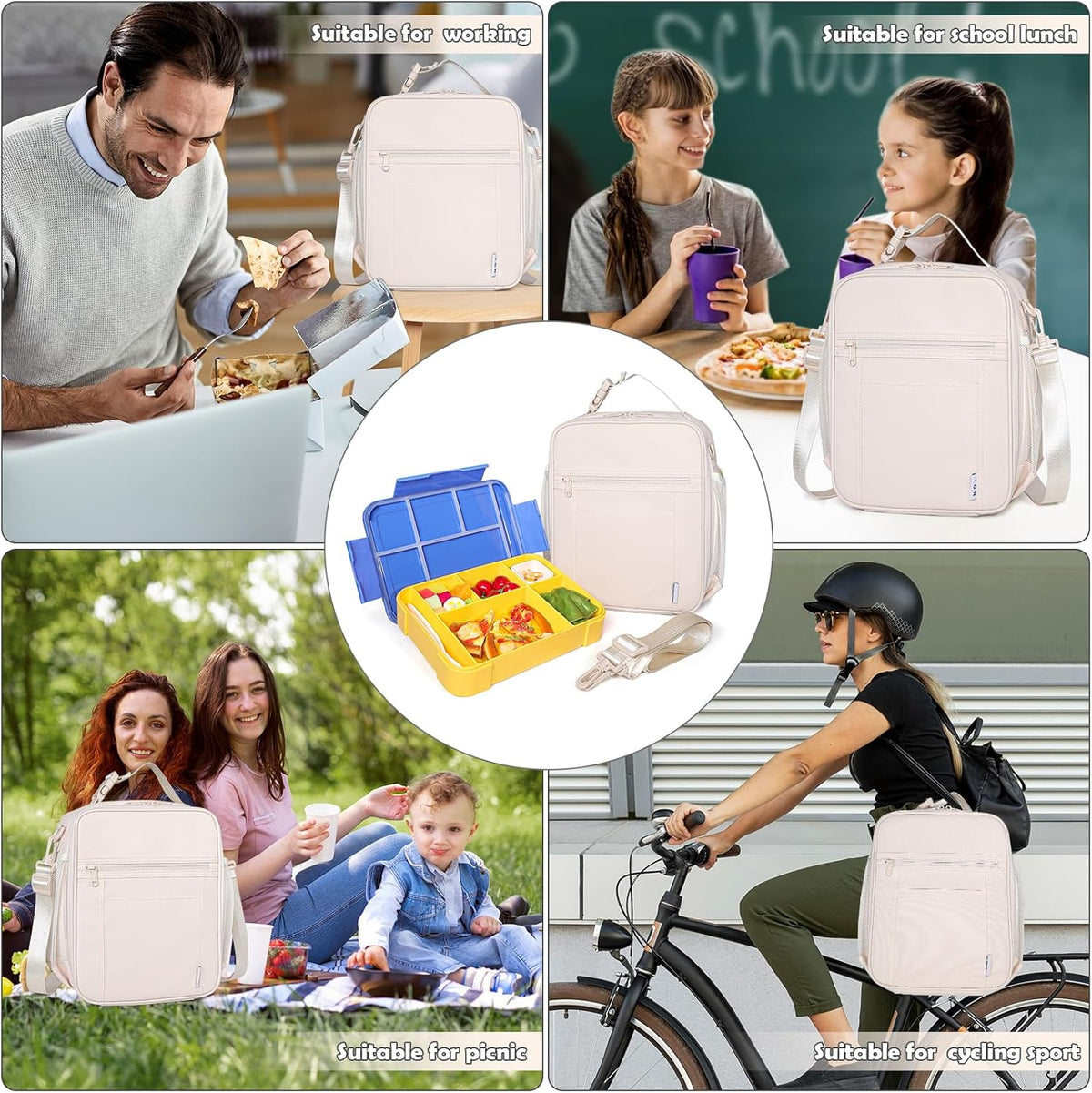 NOL Nylon Waterproof Kids Lunch Bag, Insulated Lunch Bag, Lunch box Cooler, Reusable, Zip Closure with Buckle Handle Holds Lunch Box, Snacks & Water Bottle for School Work, Cream