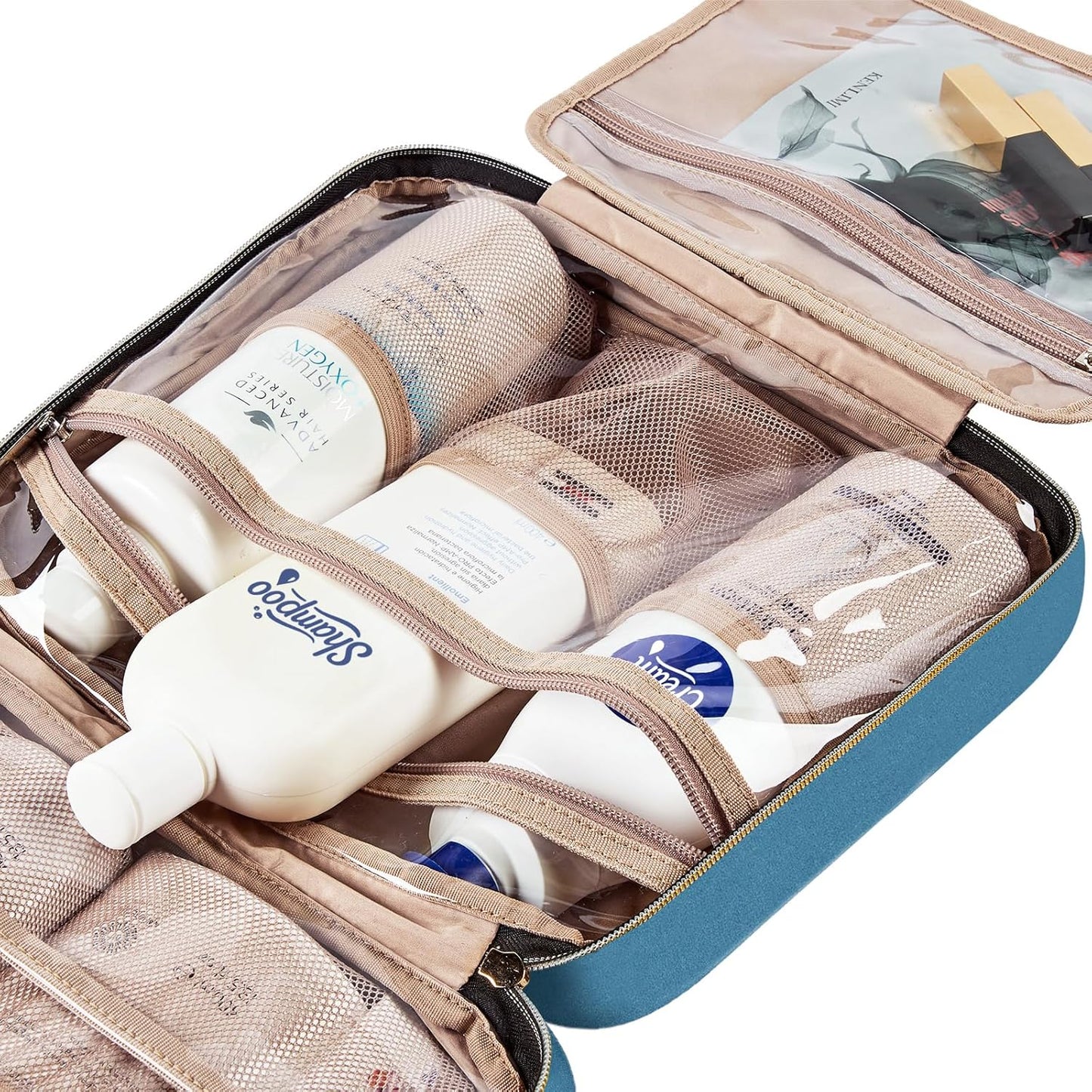 NISHEL Travel Toiletry Bag for women, Portable Hanging Organizer for Full-Sized Shampoo, Conditioner, Brushes Set, Makeup Accessories, Large Size, Lake-Blue