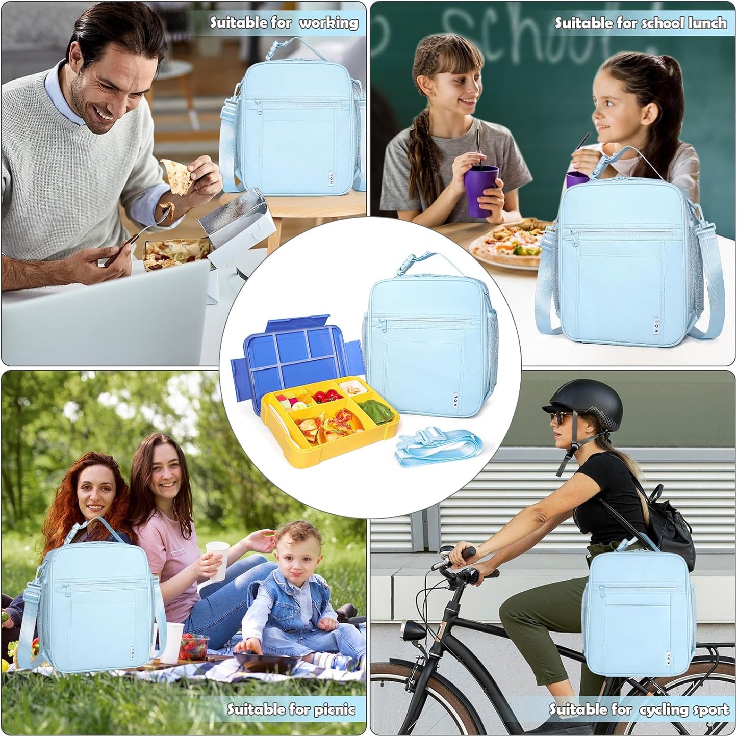 NOL Nylon Waterproof Kids Lunch Bag, Insulated Lunch Bag, Lunch box Cooler, Reusable, Zip Closure with Buckle Handle Holds Lunch Box, Snacks & Water Bottle for School Work, Light blue