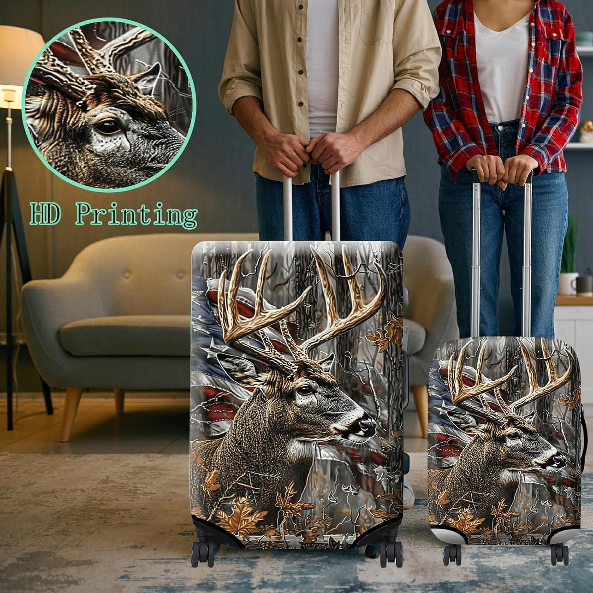 Luggage Cover + Tag, Camo Deer Flag Travel Suitcase Protector for 24 inch Luggage (M) with Concealed Zipper, Washable Elastic Cloth, Dustproof, Anti-Scratch