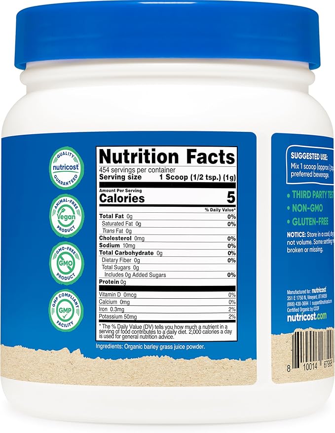 Nutricost Organic Barley Grass Juice Powder (1 LB) (Unflavored)