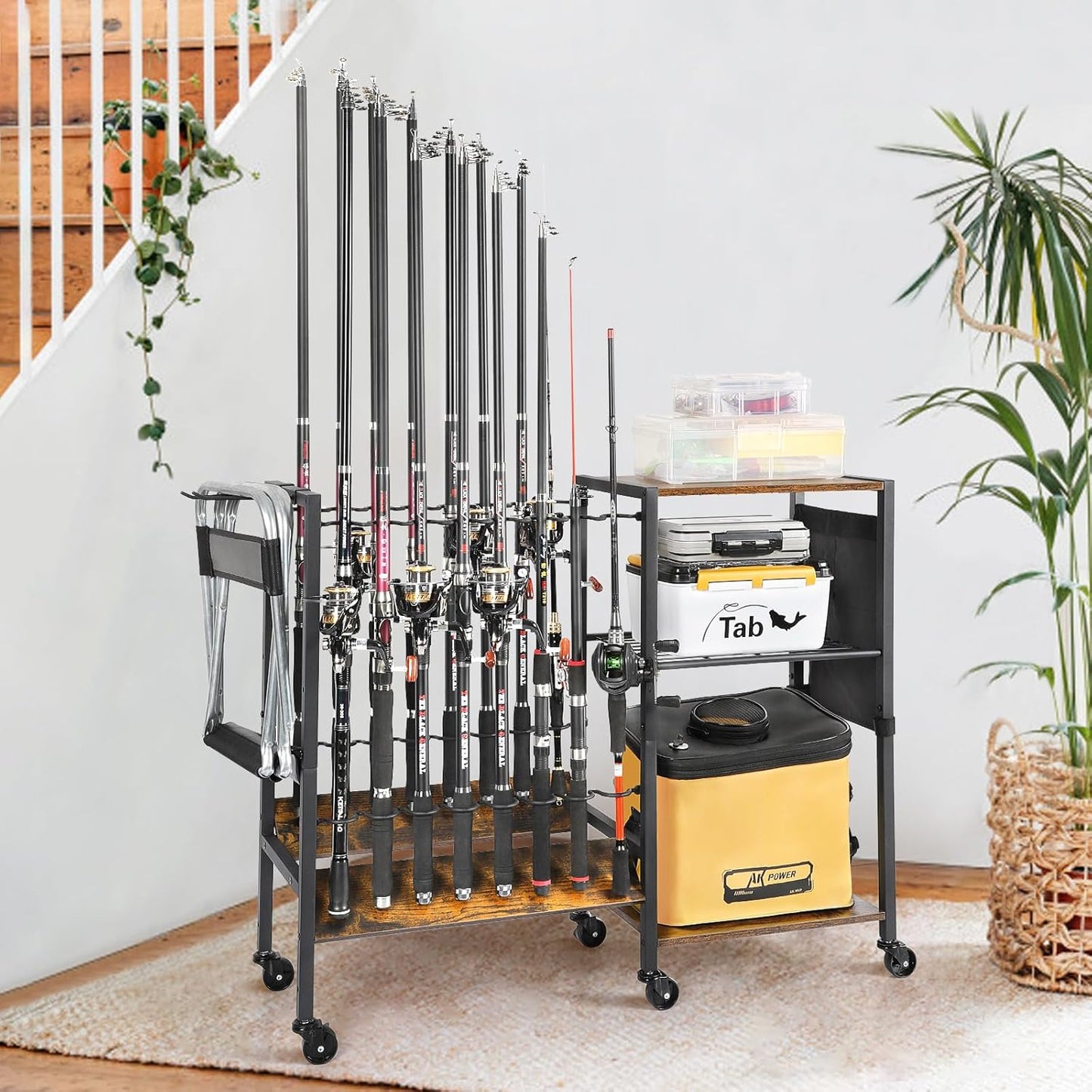 Olakee Fishing Rod Holder, Fishing Pole Holders for Garage Boat Home Entryway Fishing Gear Storage with Tackle Cart Ideal Gift for Men Dad Anglers Corner Design for Rods and Equipment Organizers