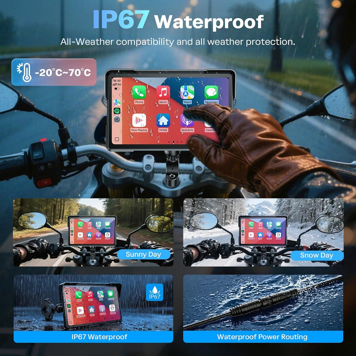 WonVon 7 Inch Wireless Motorcycle Carplay GPS Navigation System with Apple Carplay and Android Auto Portable Screen with Dual Bluetooth, Navigation, Siri, Google Assistant