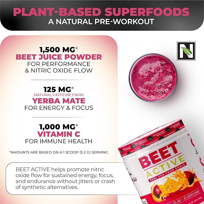 Nutrology Beet Active, Natural Pre-Workout Powder, Supports Energy, Endurance & Nitric Oxide Flow with Beet Powder, Yerba Mate & Electrolytes, Vegan Pre Workout, Passion Fruit Flavor, 30 Servings