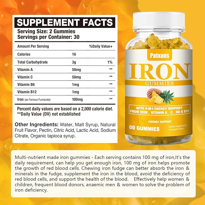 1 Pack 100MG Iron Supplement Gummies for Women & Men - with Vitamin A, C, B - Energy Support for Iron Deficiency, Anemia, Adults & Children, Pineapple Flavor Gummy, 60ct.
