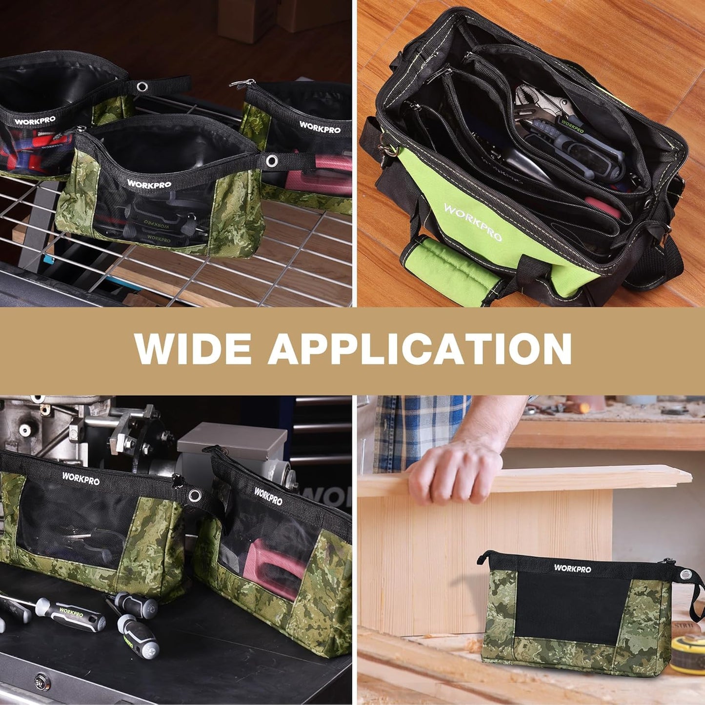 WORKPRO 12" Tool Pouches with Zipper, Heavy-Duty Small Tool Bag, Utility Small Tool Pouch for Tool Organizers and Storage, Mini Tool Bag, 3 Pack, Camo