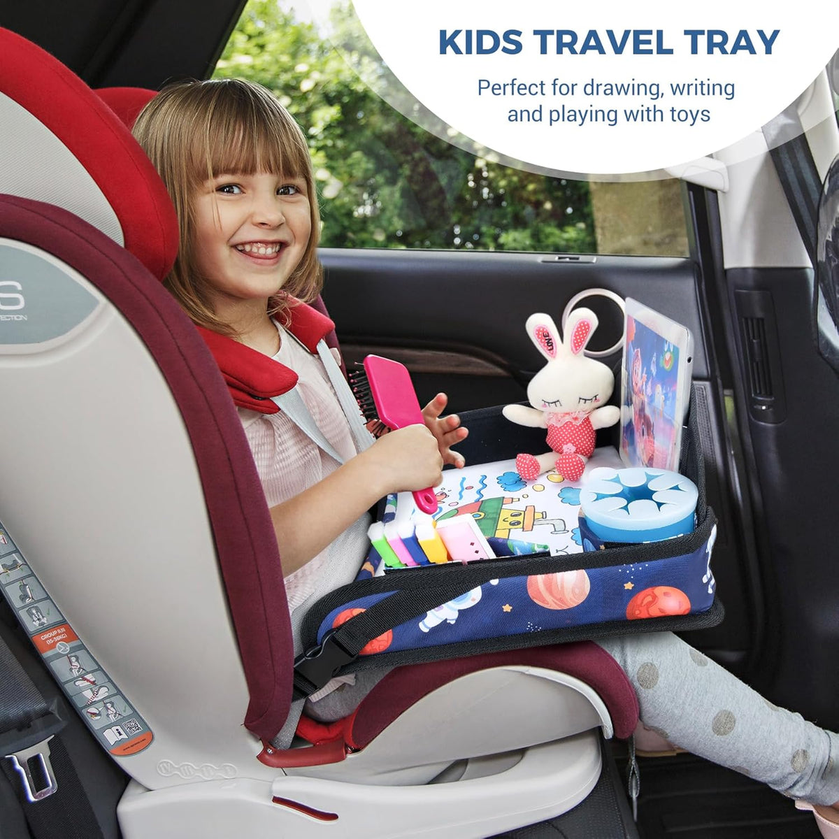 COOLBEBE Kids Travel Tray for Toddler Car Seat, Travel Tray for Airplane, Toddler Car Seat Lap Tray, Carseat Table Tray for Kids Travel Activities (Blue Space)