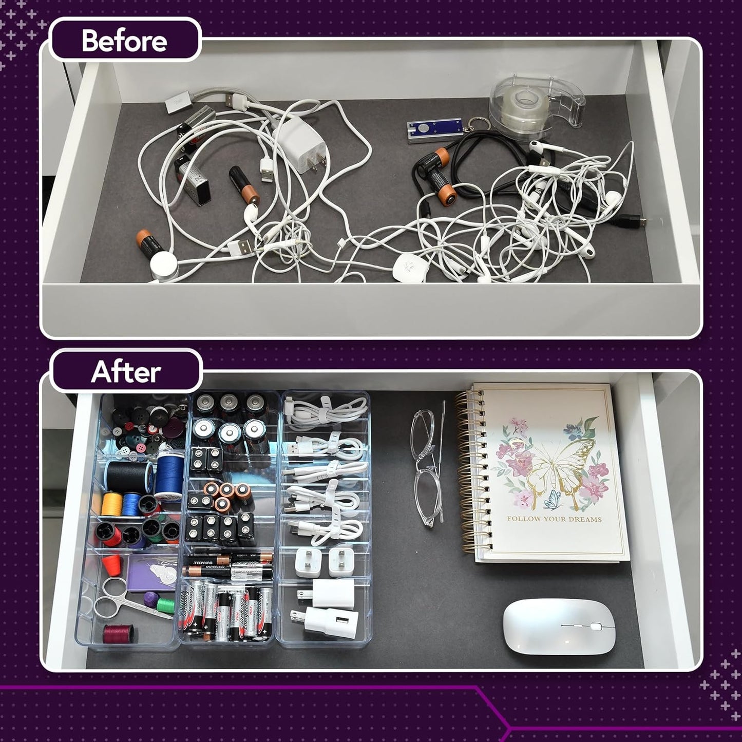 Set of 3 Cable Organizer Box W/Labels - Charger Box, Stackable W/Lids-Cord Organizer Junk Drawer- Cord Storage Box for Desk -Cable Organizer case