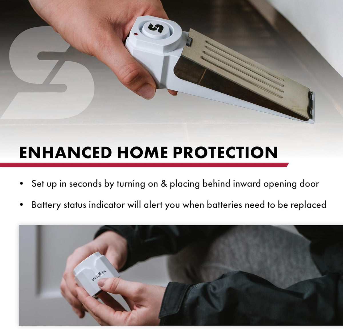 SABRE 120 dB Wedge Door Stop Security Alarm, Extremely Loud Wireless Alarm Siren Audible Up To 1,500 Ft., Non-Skid Pad, Compact Alarm Great for Home, Travel, Apartment or Dorm