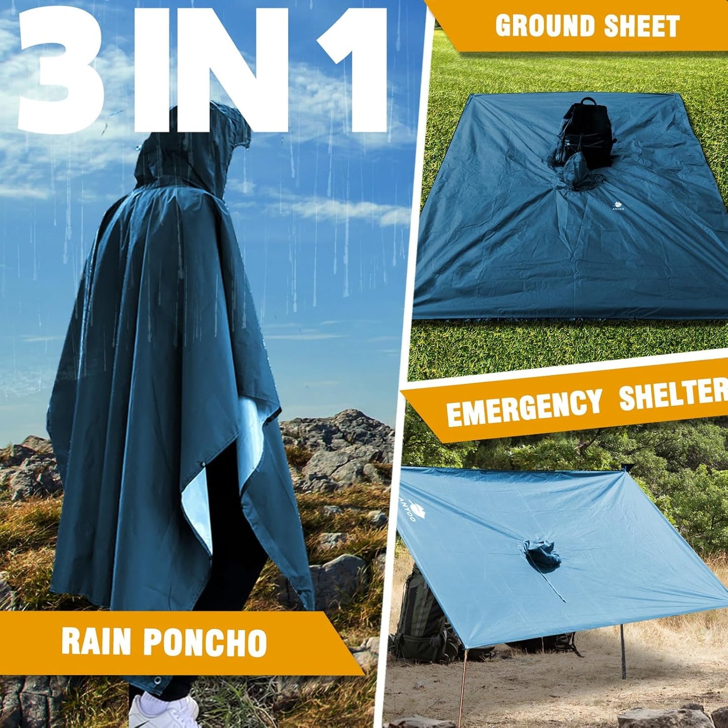ANYOO Hooded Rain Poncho for Adults Waterproof Lightweight Rain Coat for Men Women Reusable Rain Jacket for Emergency Outdoor