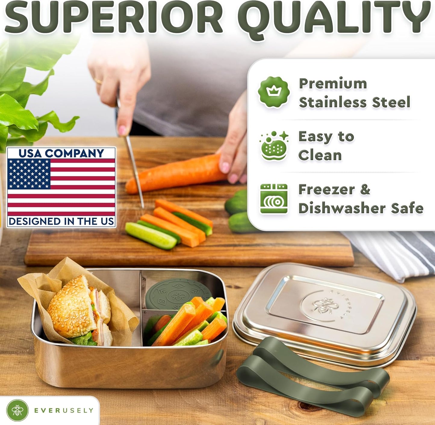 Everusely - Bento Box - Sage, 47oz / 1.4 L - Stainless Steel Lunch Box with Leakproof Condiment Container - 3 Compartment Snack Organizer for On the Go Meals - Freezer & Dishwasher Safe