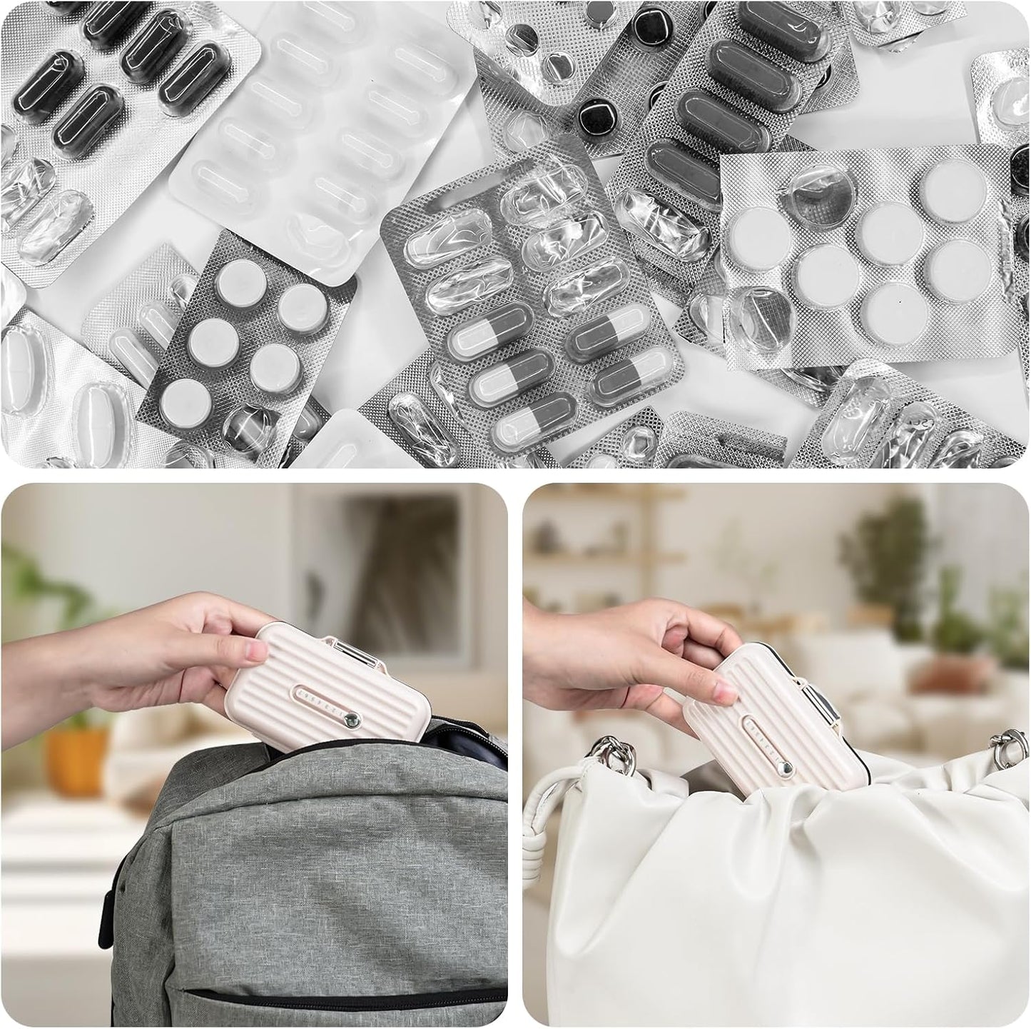 Travel Pill Organizer Box with Medicine Labels, 2Pack 7 Compartments Portable Pill Case, Daily Medication Organizer Storage Pill Container for Pocket Pharmacy(Pearly White S+L 2Pack)