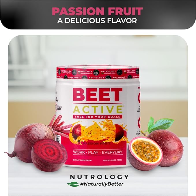 Nutrology Beet Active, Natural Pre-Workout Powder, Supports Energy, Endurance & Nitric Oxide Flow with Beet Powder, Yerba Mate & Electrolytes, Vegan Pre Workout, Passion Fruit Flavor, 30 Servings