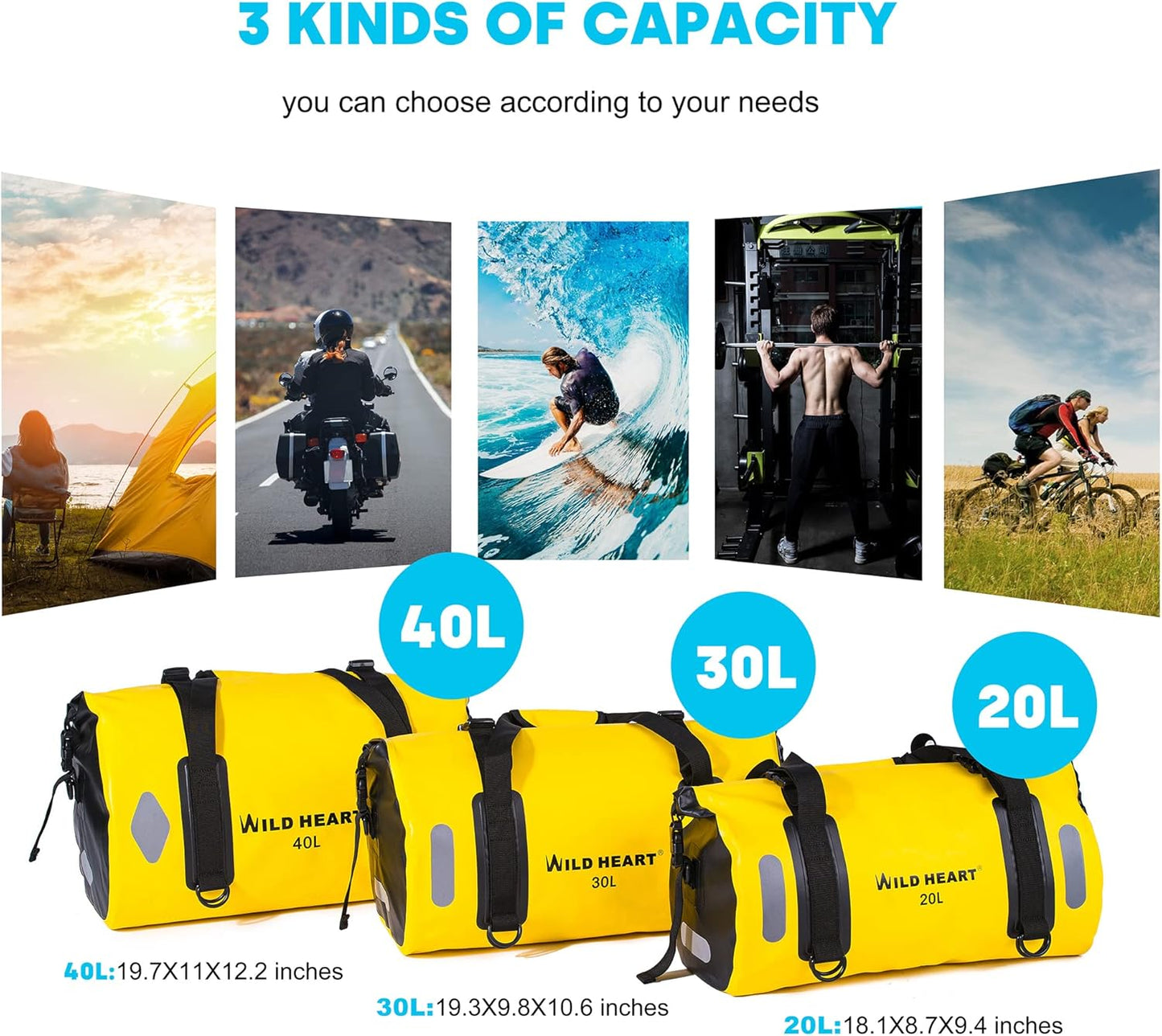 WILD HEART Waterproof Bag Duffel Bag 20L 30L 40L with Welded Seams Shoulder Straps, Mesh Pocket for Kayaking, Camping, Boating,Bicycle,Motorcycle