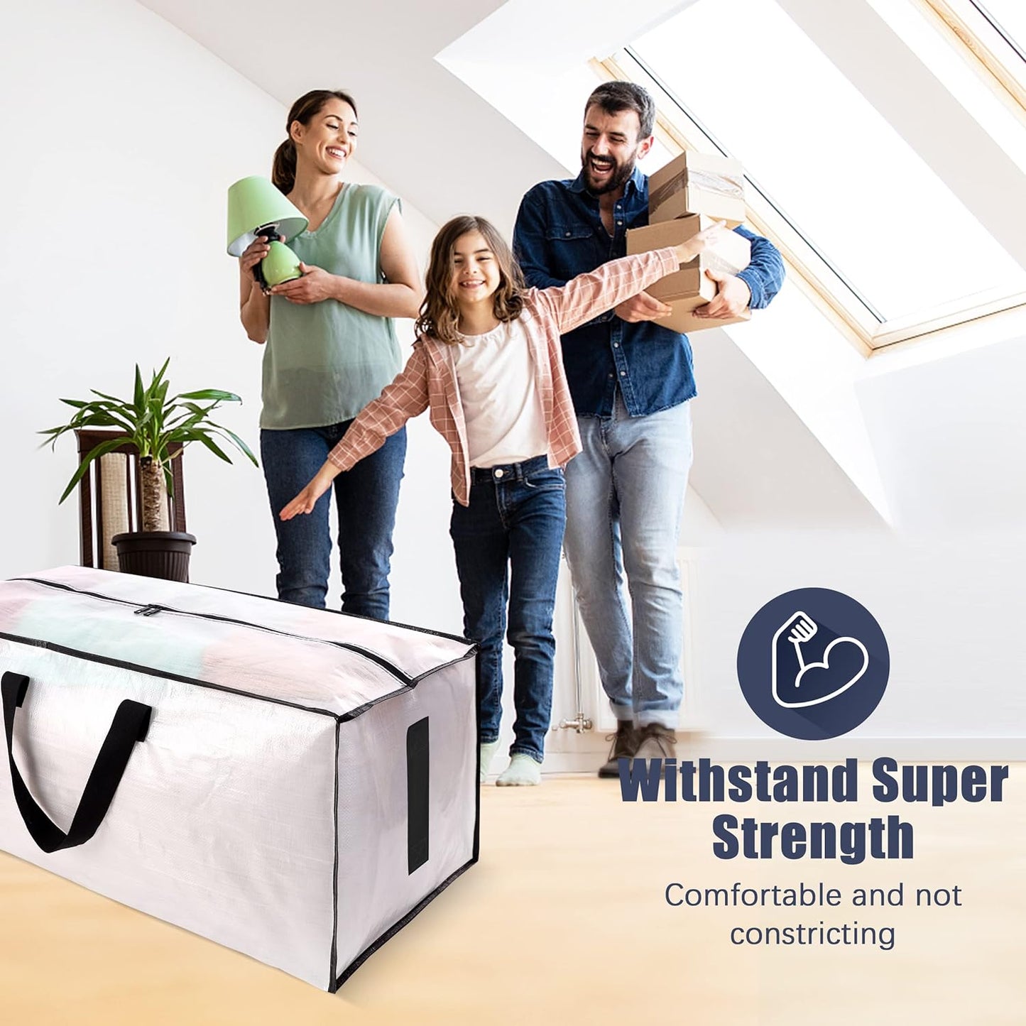 4 Pack Large Strong Moving Bags with Zippers & Carrying Handles - Water-Resistant - Heavy Duty Storage Tote for Space Saving, Fold Flat, Alternative to Moving Box (Semi-Transparent)