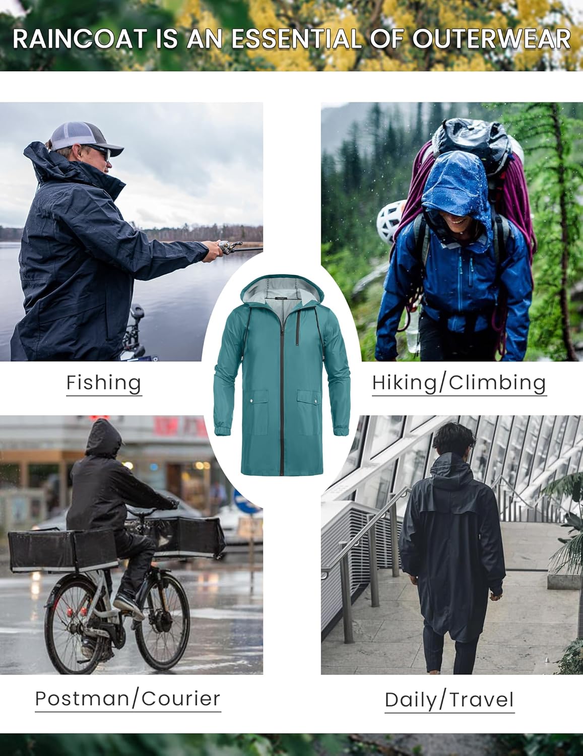 COOFANDY Men's Long Raincoat Ligtweight Rain Jacket Waterproof Outdoor Jackets with Hood