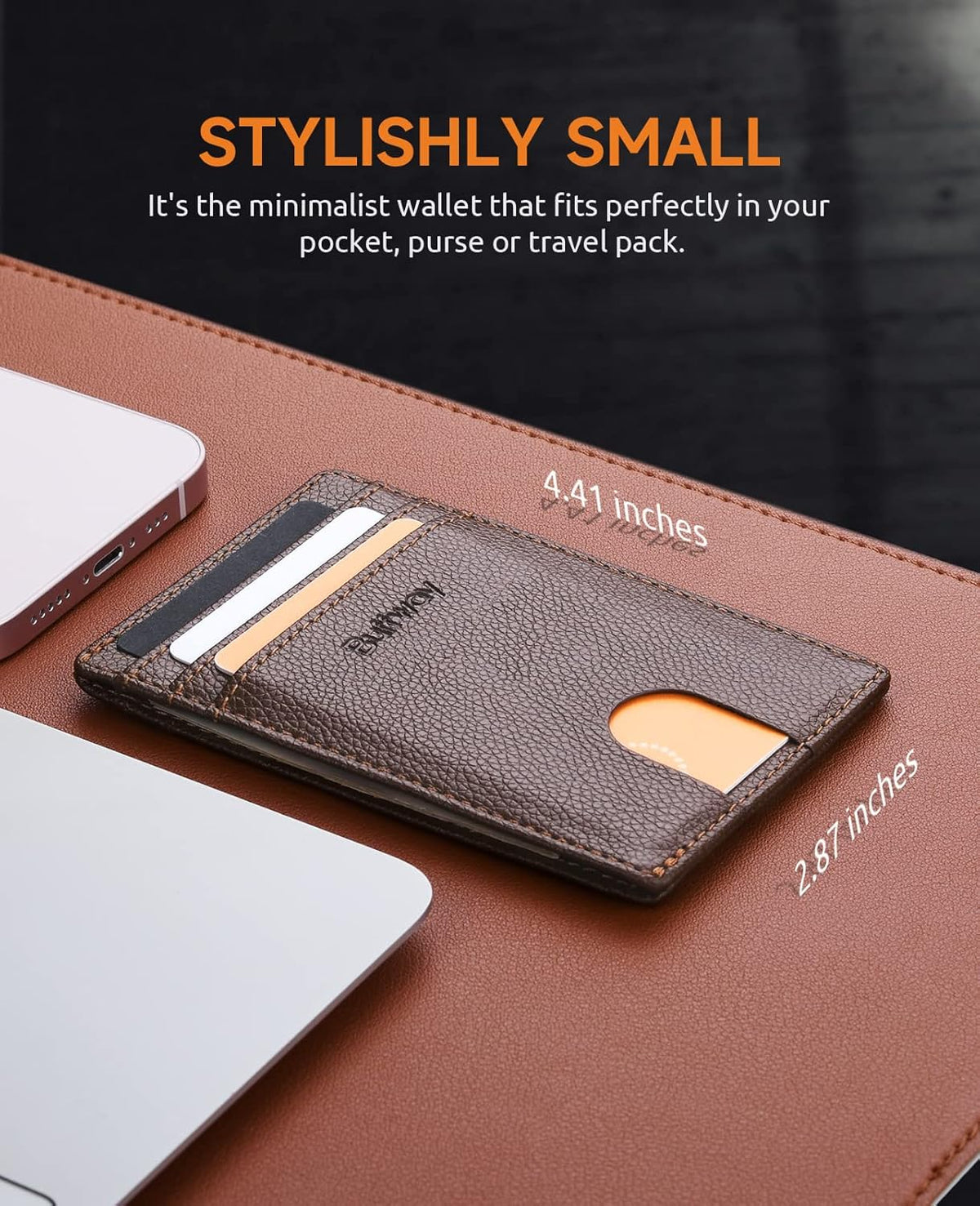 Buffway Mens Slim Wallet, Minimalist Thin Front Pocket Leather Credit Card Holder with RFID Blocking for Work Travel