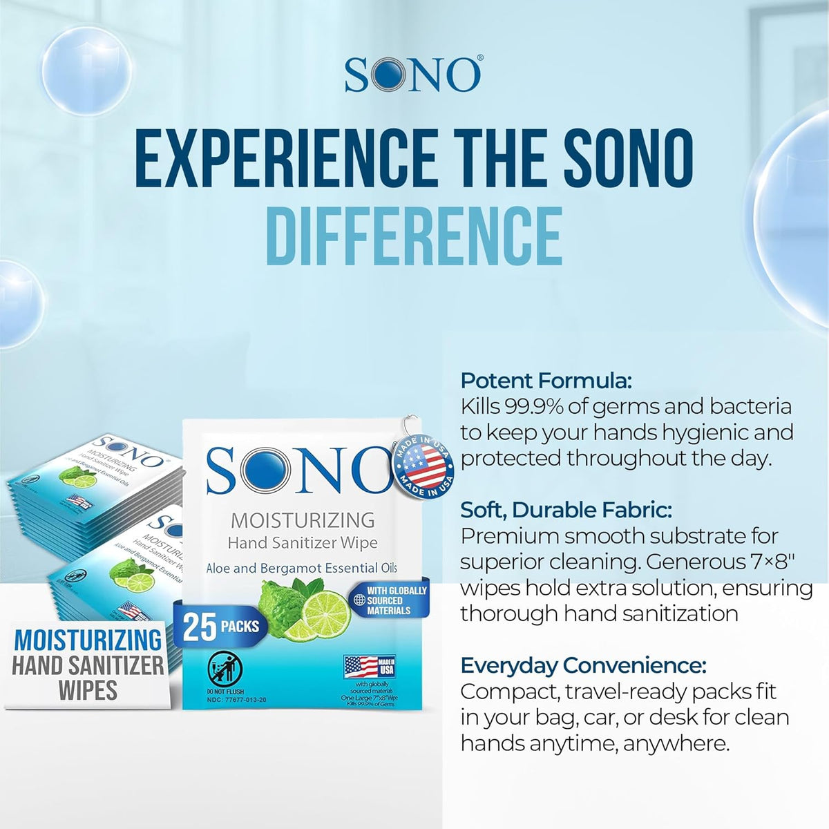 SONO Bergamot & Aloe Moisturizing Hand Sanitizer Wipes - TSA-Approved Travel Size Individual Packs for On-the-Go Hygiene & Cleansing - Alcohol-Free Antibacterial for Hands & Surfaces