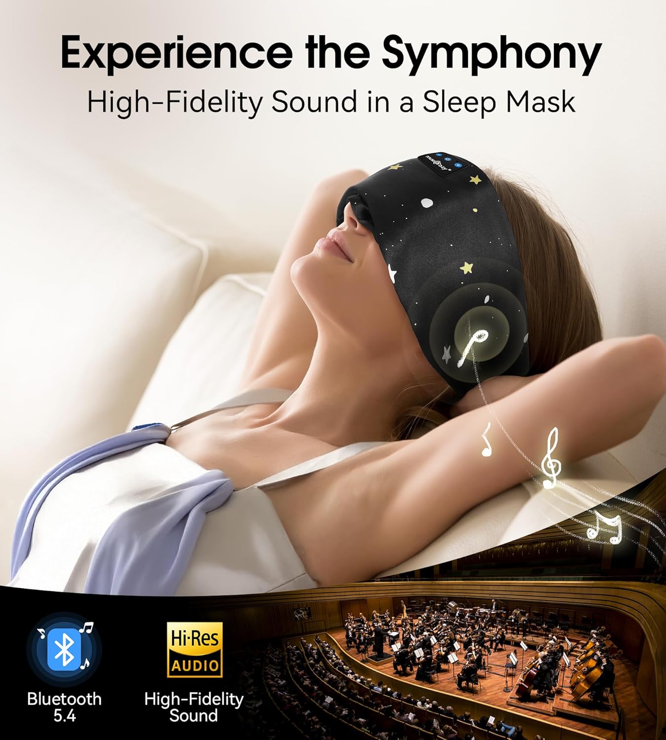 MUSICOZY Mulberry Silk Bluetooth Sleep Mask with HD Stereo Sound, Wireless Sleep Headband Headphones for Side Sleepers, Adjustable Size, Total Light Blocking, Perfect for Travel Relaxation Sleep