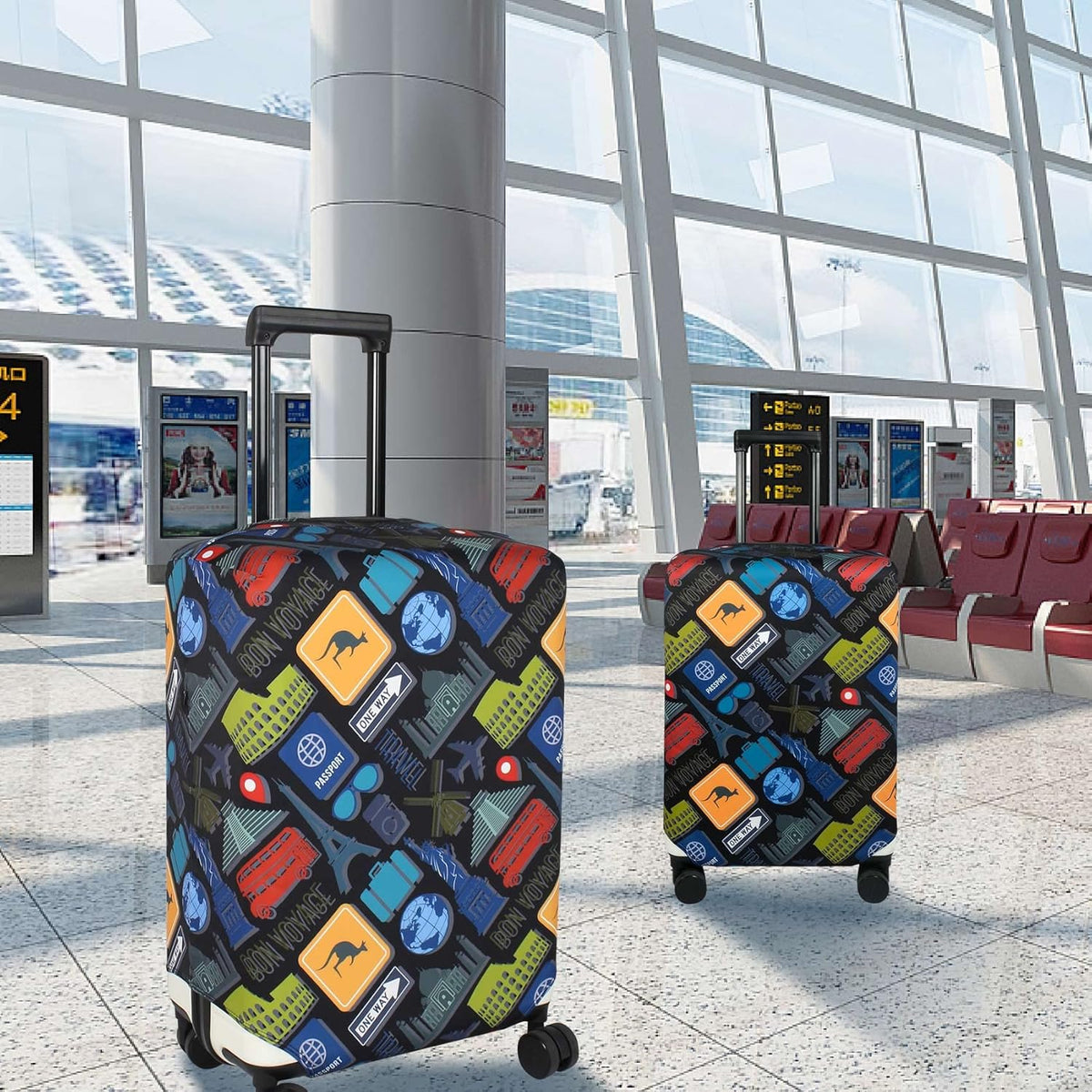 Explore Land Travel Luggage Cover Suitcase Protector Fits 23-26 Inch Case (Bon Voyage, M)