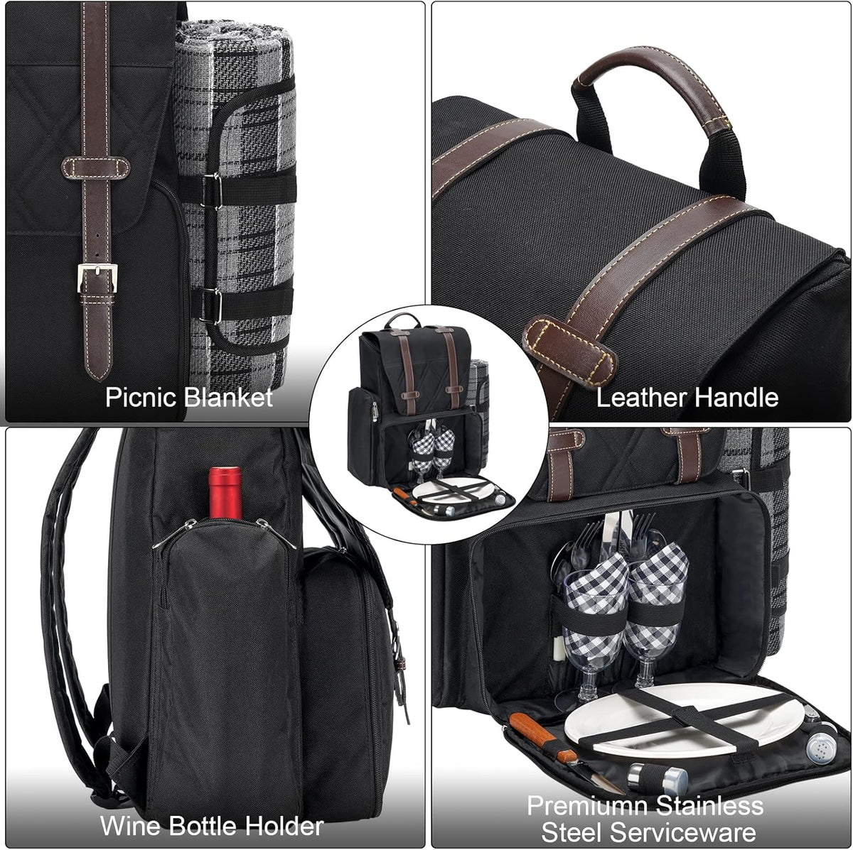 Picnic Backpack for 4 Person with Large Insulated Cooler Bag, Picnic Basket Set with Wine Pouch, Waterproof Picnic Blanket & Cutlery Set. Perfect for Beach, Camping, Party,Wedding Gift for Couple.