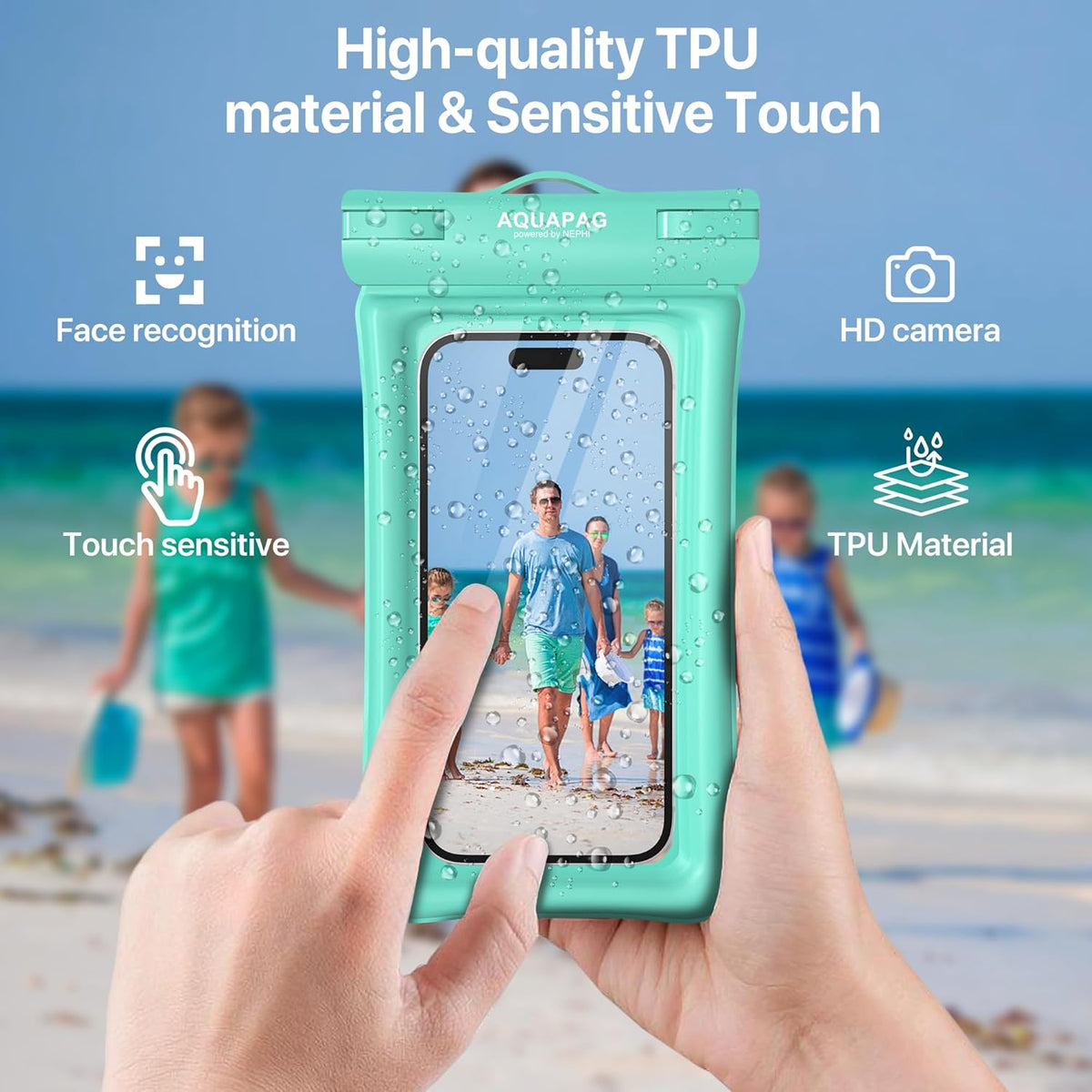 NEPHI IP68 Waterproof Phone Pouch 2 Pack-Up to 8.0",Adjustable Neck Lanyard Floating Waterproof Phone Case for iPhone,Phone Dry Bags for Vacation Beach Pool Travel Essentials (Aqua Green White 2 pack)