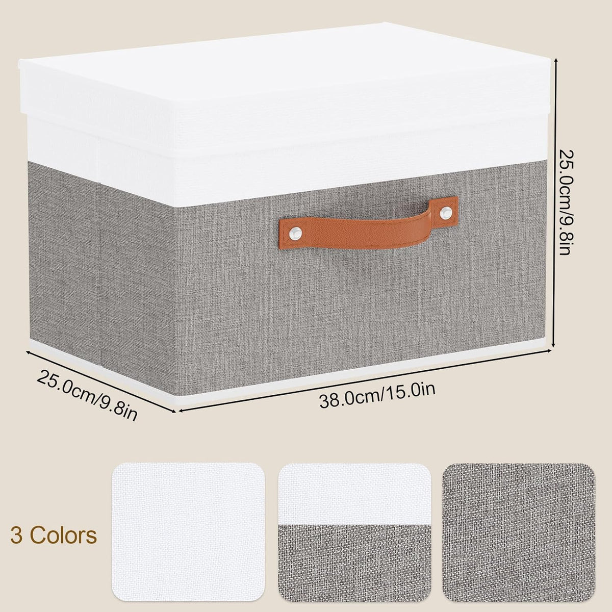 Fabric Storage Bins with Lids, 1 Pack Linen Foldable Cloth Baskets, 15 x 9.8 x 9.8 Inch Closet Organizer Containers with Double Handles, Sweater Boxes for Bedroom, White and Grey