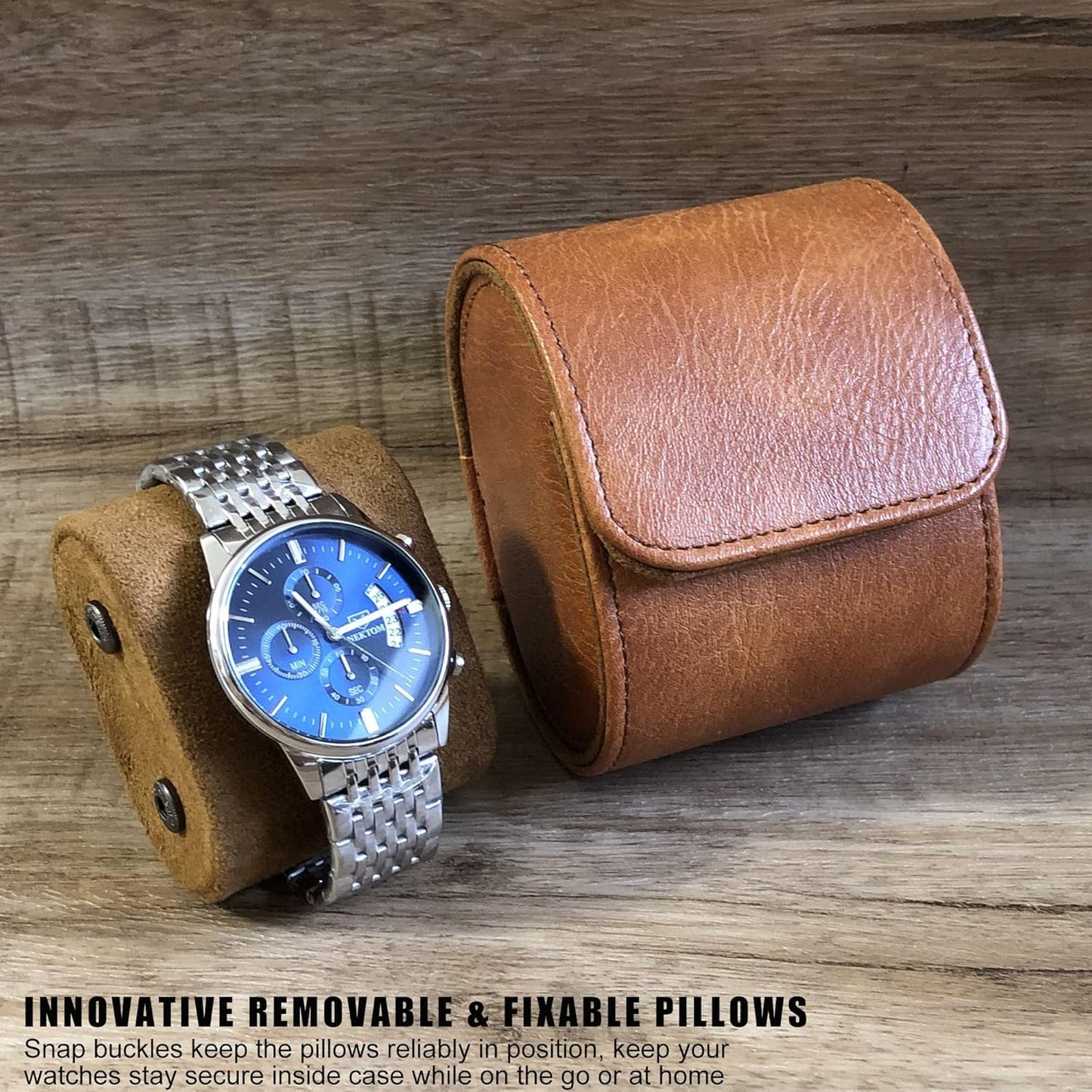 Longjet Watch Roll Travel Case for Men Portable Watches Organizer Box with Removable Velvet Pillow Holder (1 Slot Brown)